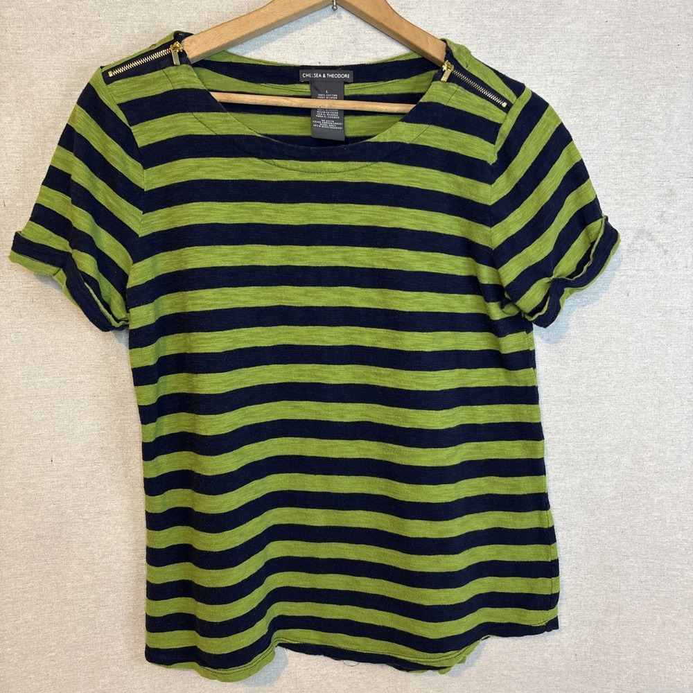 Chelsea & Theodore Womens Top‎ Large Green Blue Striped Pullover Casual Nautical
